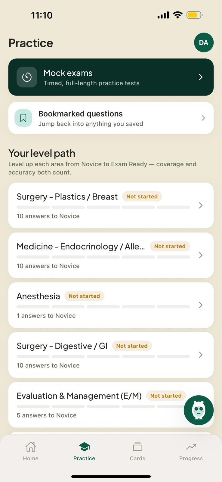 Practice by topic — level path from Novice to Exam Ready