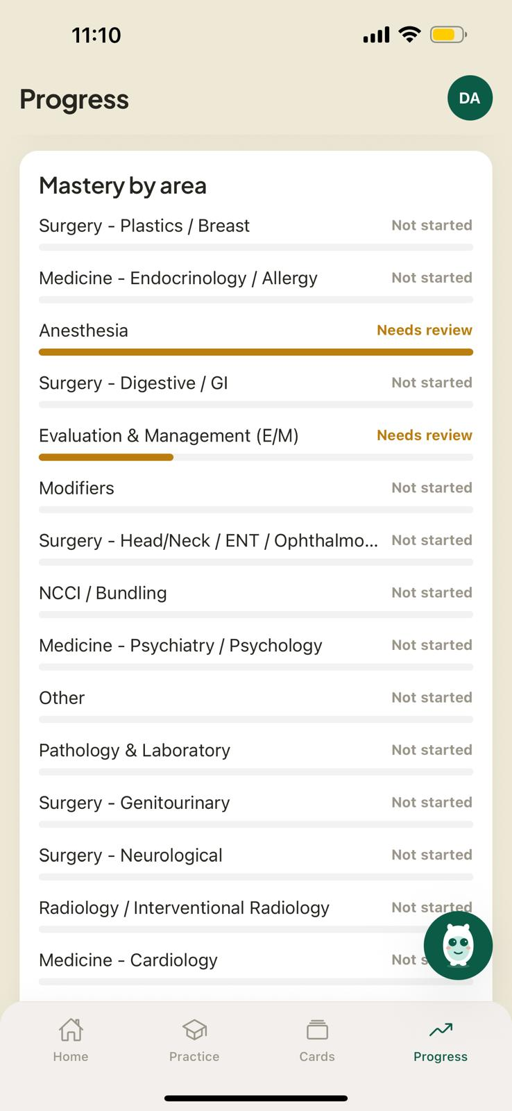Mastery by area — level up each topic
