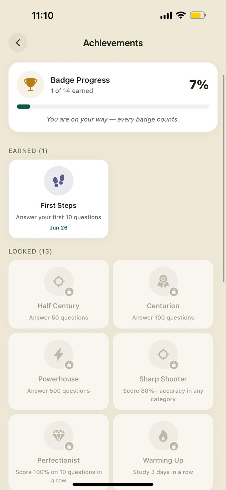 Achievements — badges and streaks