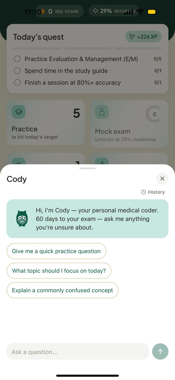 Cody — bottom-sheet personal tutor on the home screen